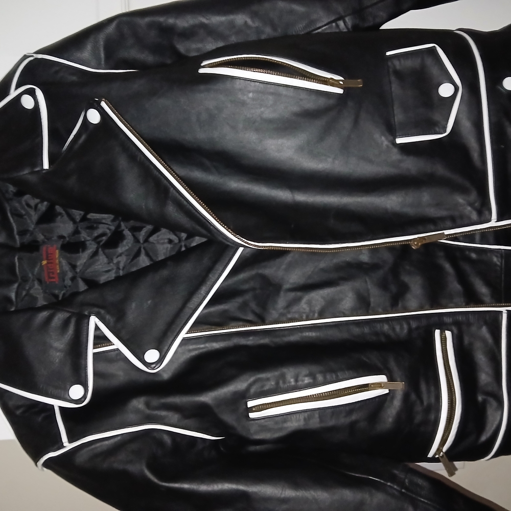 Men's Black Leather Jacket with White Accents